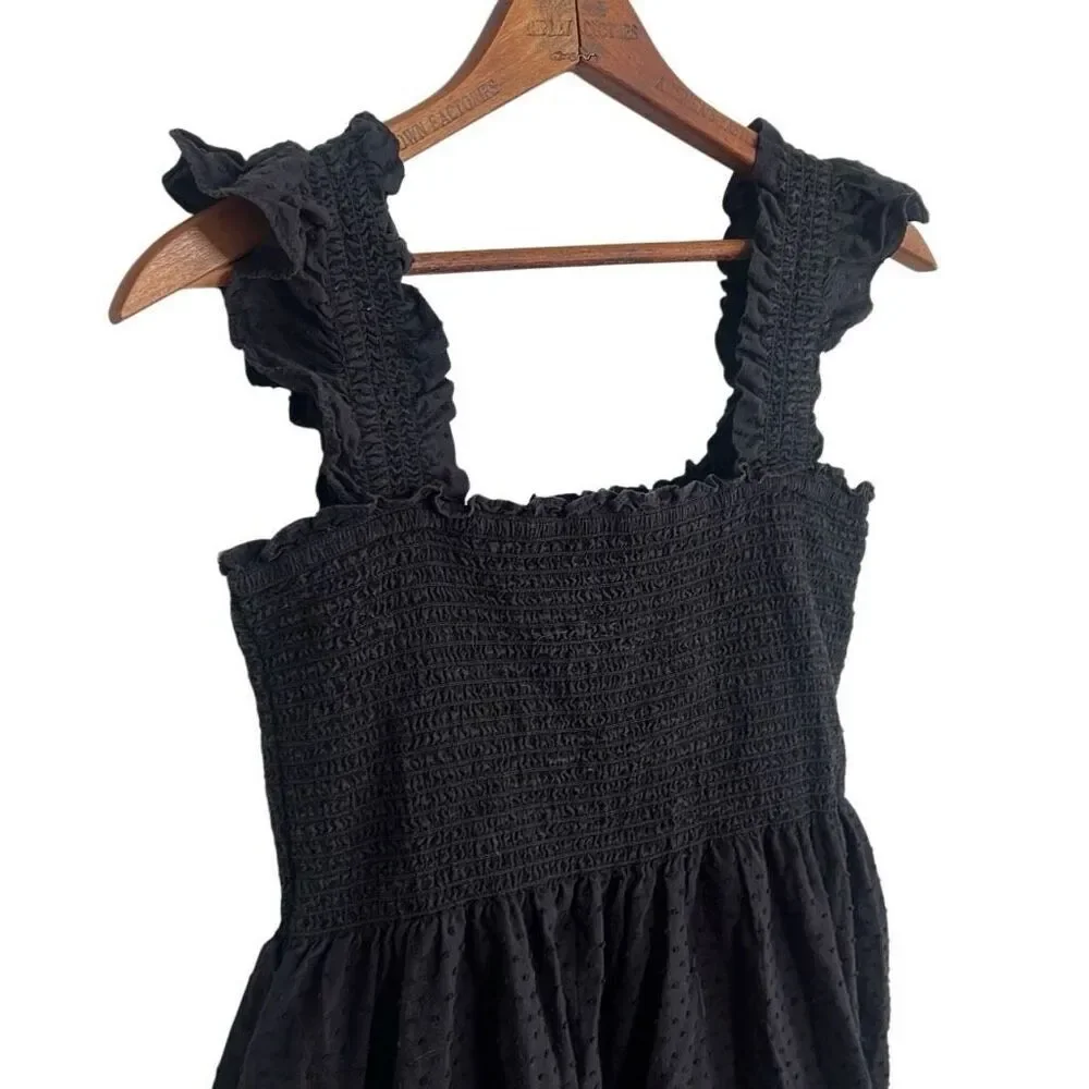 Kourt Smocked Tiered Ruffle Swiss Dot Sleeveless Calypso Midi Dress Black XL - Picture 2 of 8